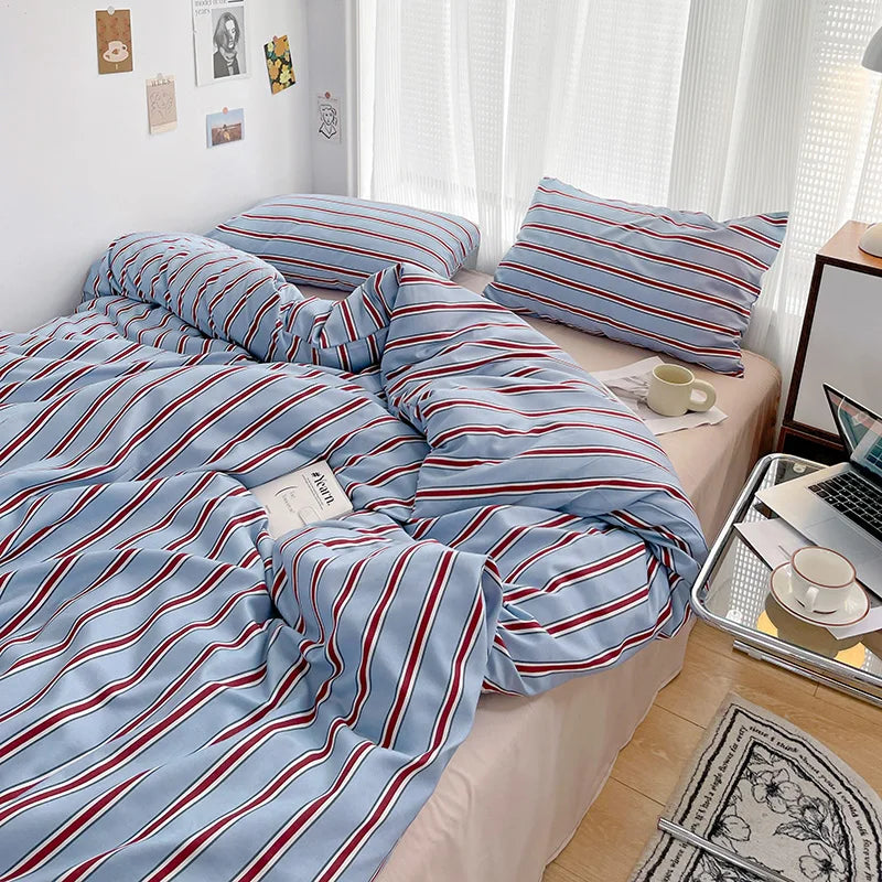 Red & Blue Striped Duvet Cover Set – Washed Cotton Bedding, 3 or 4 Piece, Twin to King
