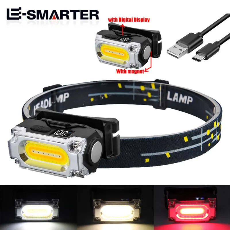 Super Bright Magnetic Headlamp – 3 Light Sources, Hat Clip, Digital Display for Hiking, Camping & Work