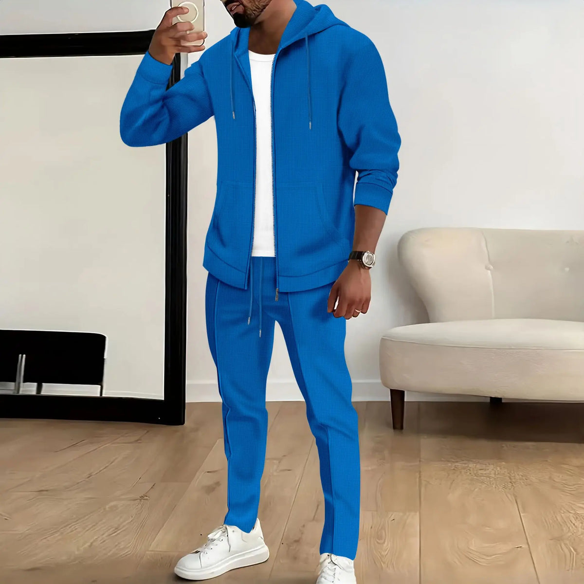 Men's Waffle Knit Slim-Fit Hooded Cardigan & Pants Tracksuit