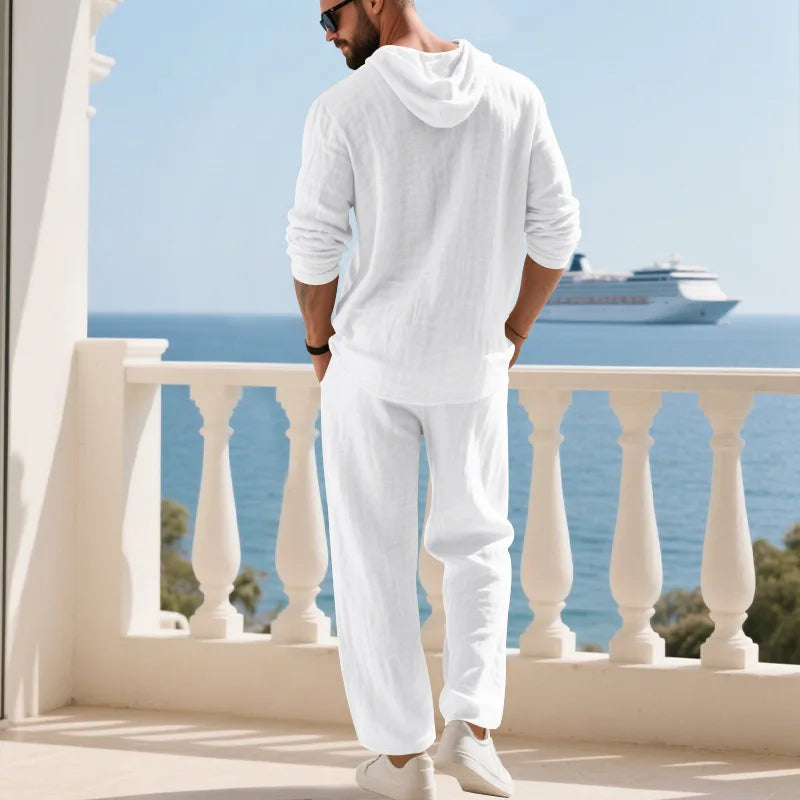 Men's Linen Casual Loose Hooded Henley Shirt & Long Pants Set – Relaxed Autumn 2-Piece Suit