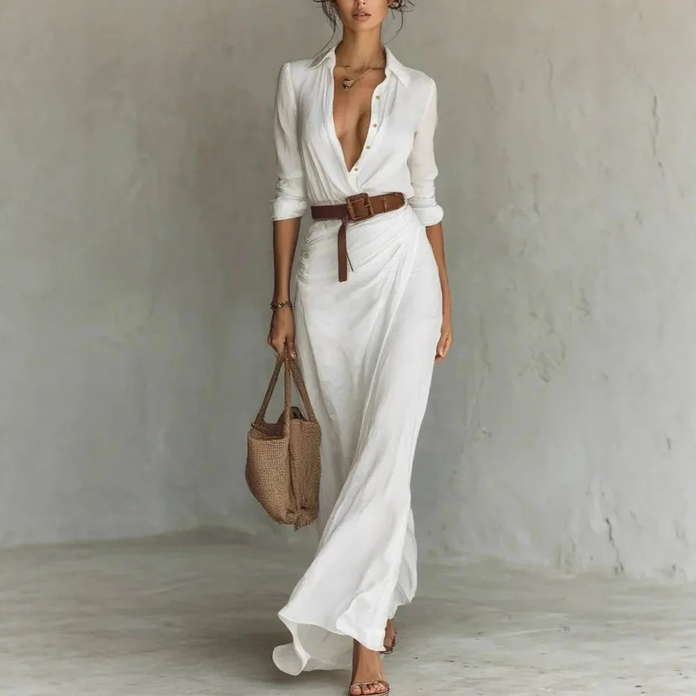 Strapless Pleated Belted Beach Dress — Chic Asymmetrical Slim Evening Dress
