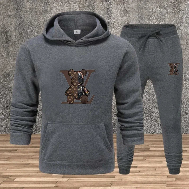 Men's Printed Hoodie Sweatshirt Set – 2-Piece Fleece Jogging Tracksuit