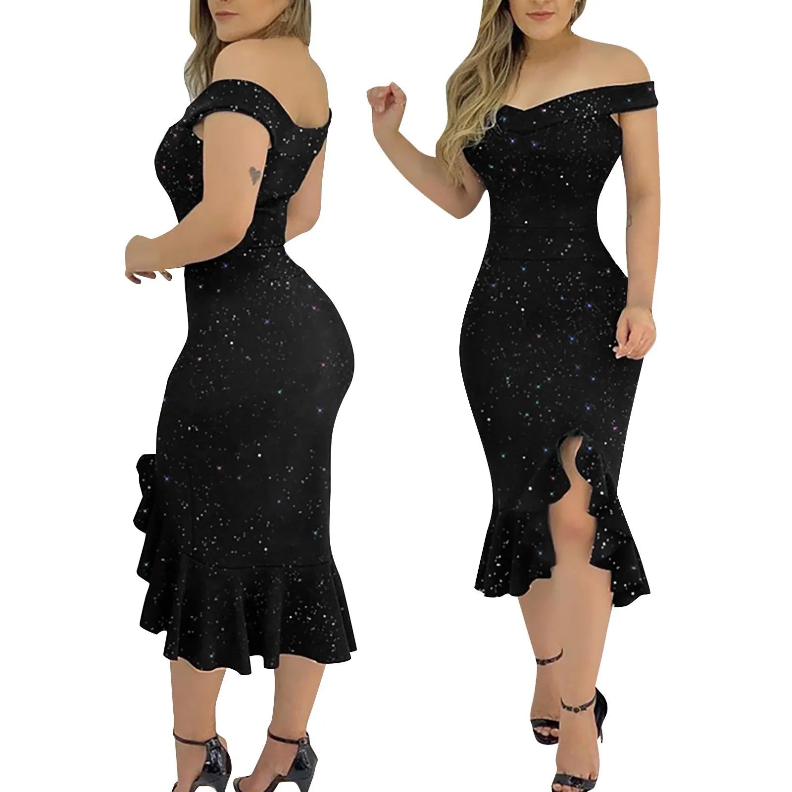 Off Shoulder Sequin Ruffle Irregular Evening Dress — Masquerade Party Dress