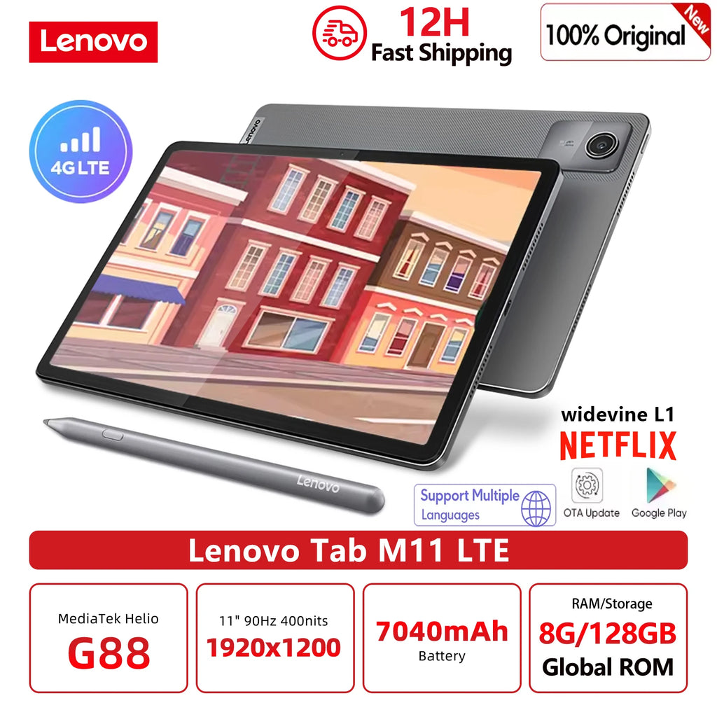 Lenovo Tab M11 11" Android 13 Tablet – 8GB RAM, 128GB, 4G LTE, Widevine L1, 7040mAh