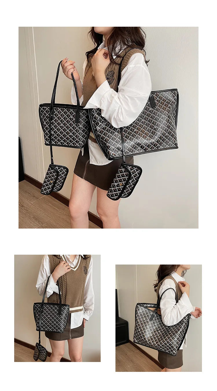 Embroidered Geometric PU Tote Shoulder Bag – Versatile Large Capacity Shopping Class Bag for Women