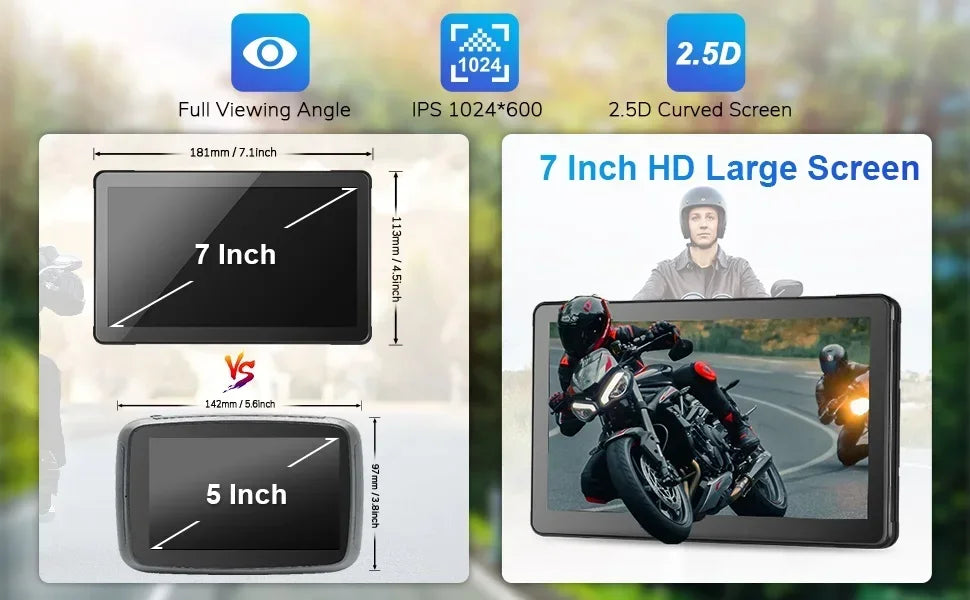 5"/7" Motorcycle CarPlay Screen – Wireless CarPlay & Android Auto, GPS Navigation, Dual Bluetooth, IPX7