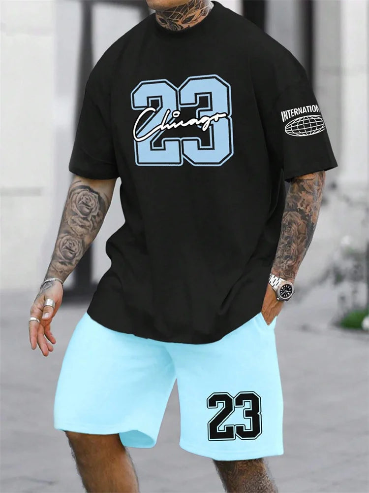 Men's Digital Print Crewneck T-Shirt & Drawstring Shorts Set