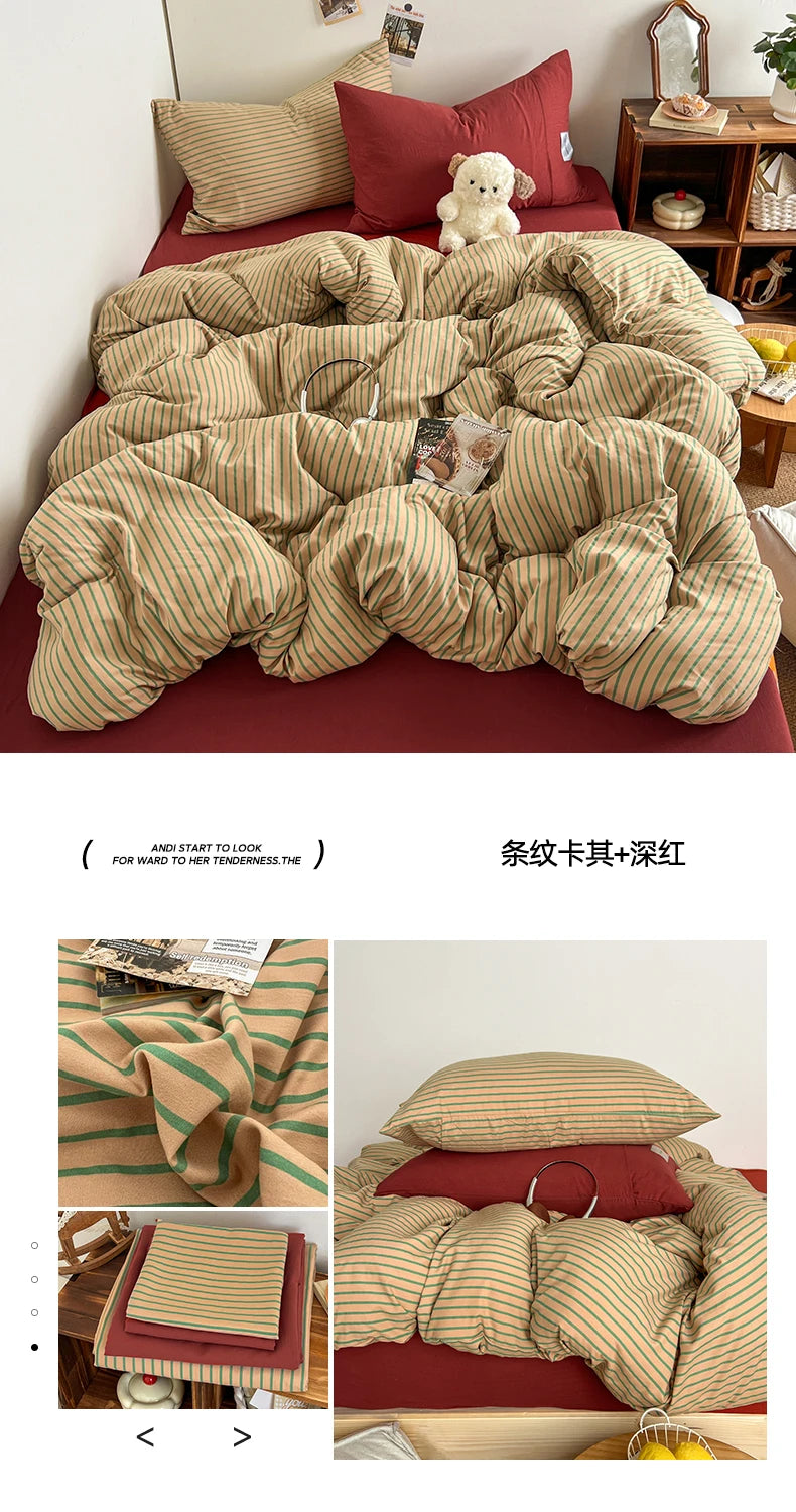 Stripe Print Washed Polyester Bedding Set – 3 or 4-Piece Duvet Cover with Sheet & Pillowcases, 6 Colors