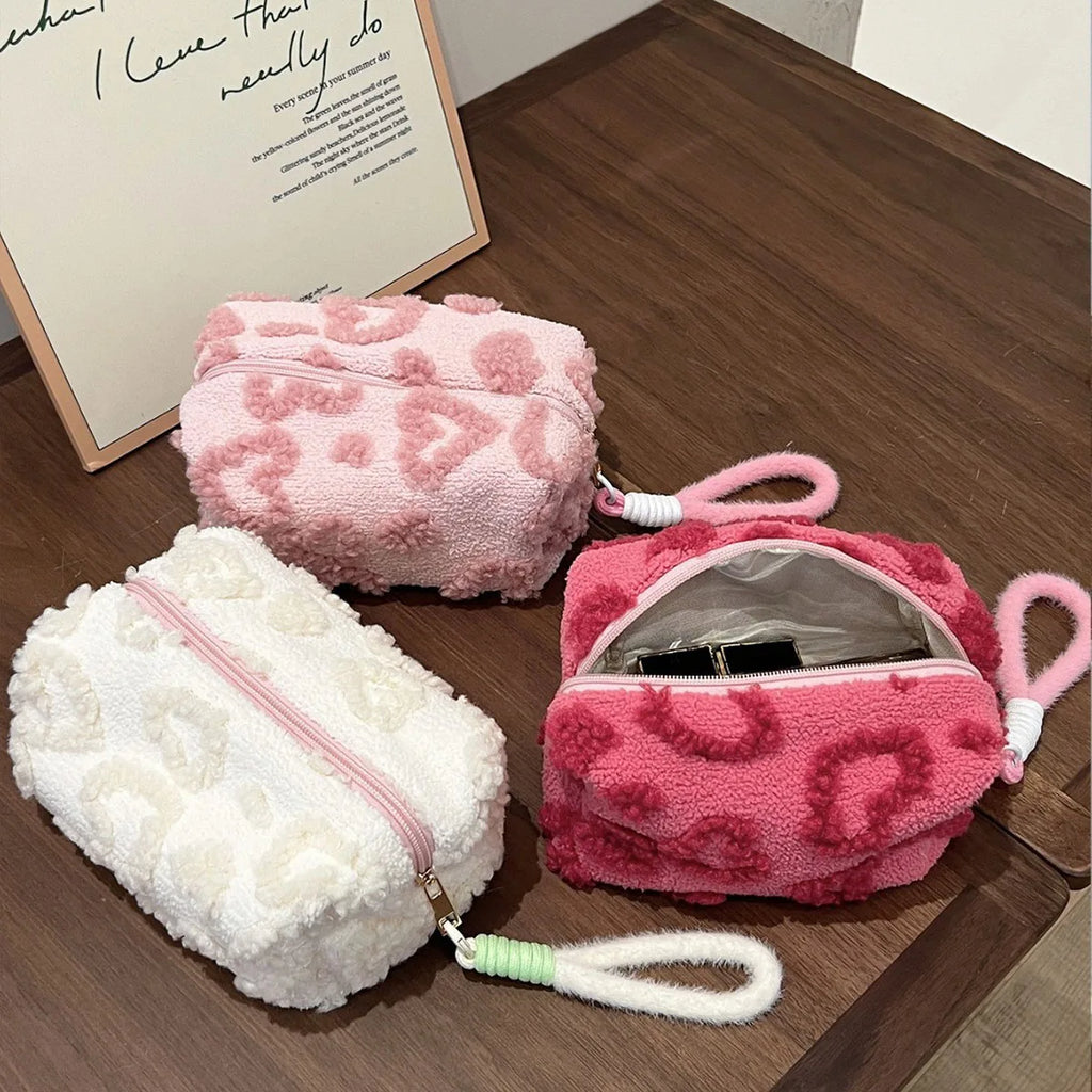 Plush Makeup Bag with Handle – Soft Love Print Travel Cosmetic Organizer & Pencil Case Clutch