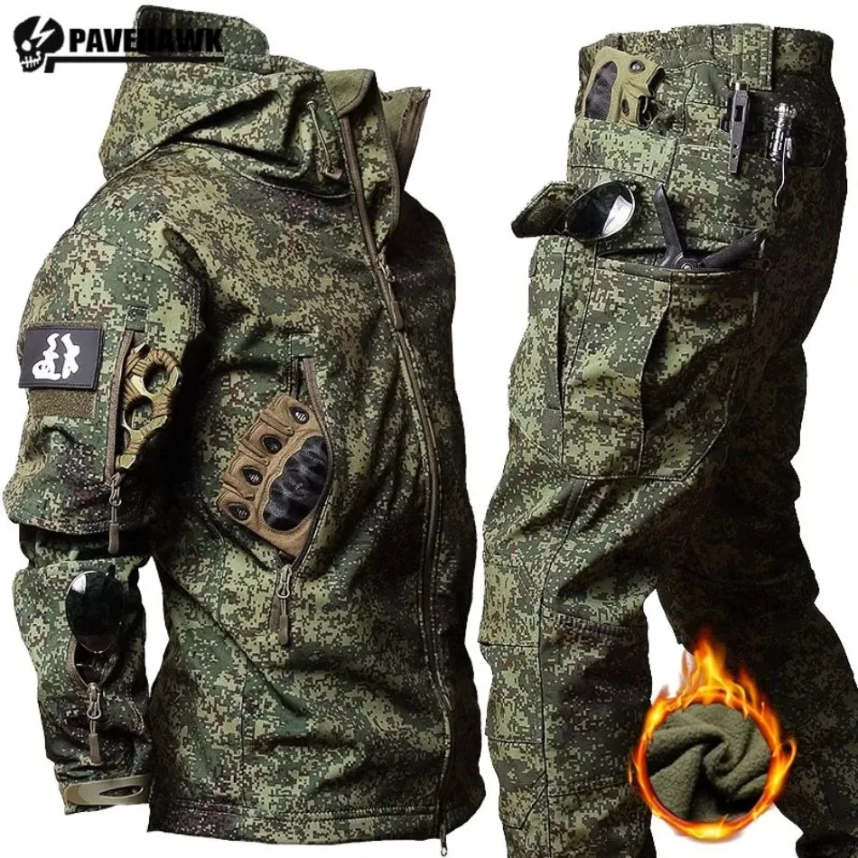 Men's Camo Waterproof Tactical Jacket & Fleece Pants Set – Winter Hunting Outdoor 2-Piece
