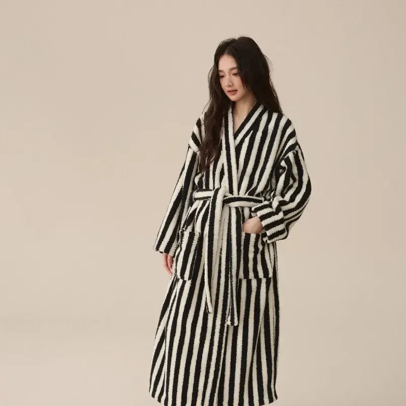 Thickened Flannel Robe & Pants Pajamas Set | Couple Coral Velvet Striped Bathrobe Homewear