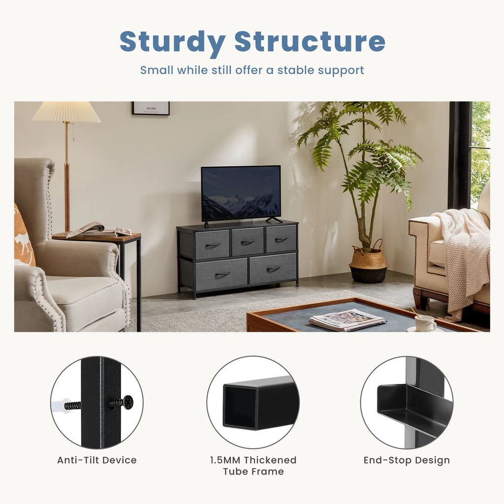 5-Drawer Fabric Dresser with Wooden Top & Metal Frame — Bedroom & Living Room Storage