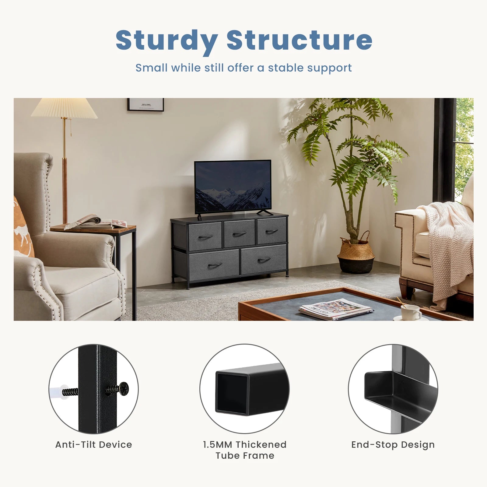 5-Drawer Fabric Dresser with Wooden Top & Metal Frame — Bedroom & Living Room Storage