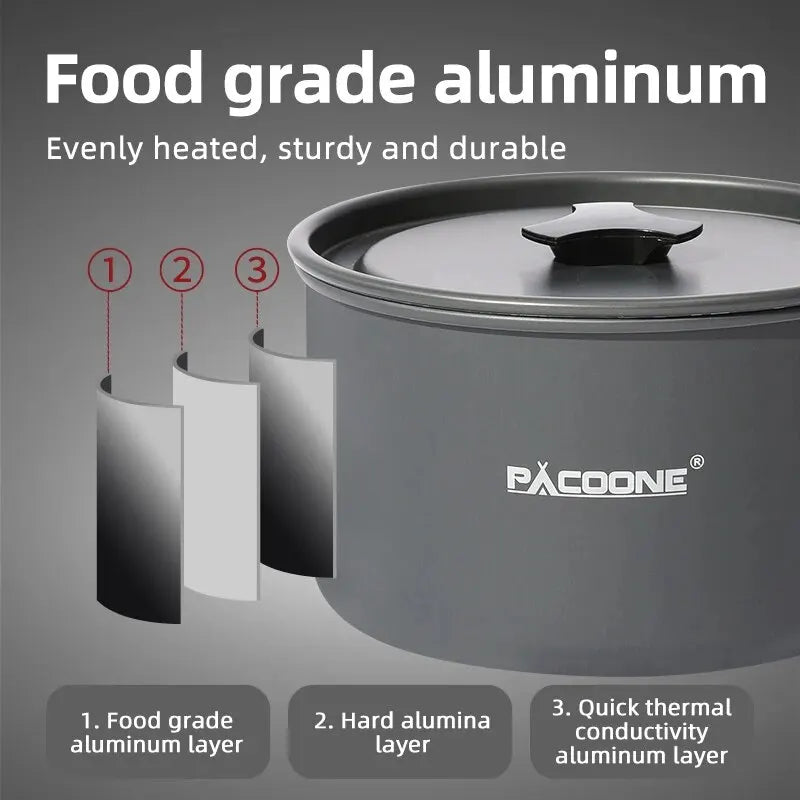 PACOONE Camping Cookware Set — Portable Outdoor Pot, Pan, Kettle & Tableware Kit