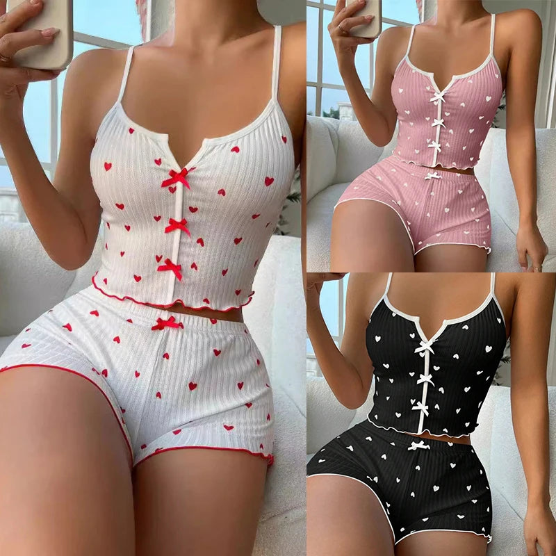 Women's Heart Print Frill Trim Cami Top & Shorts Pajama Set | Soft Ribbed Loungewear