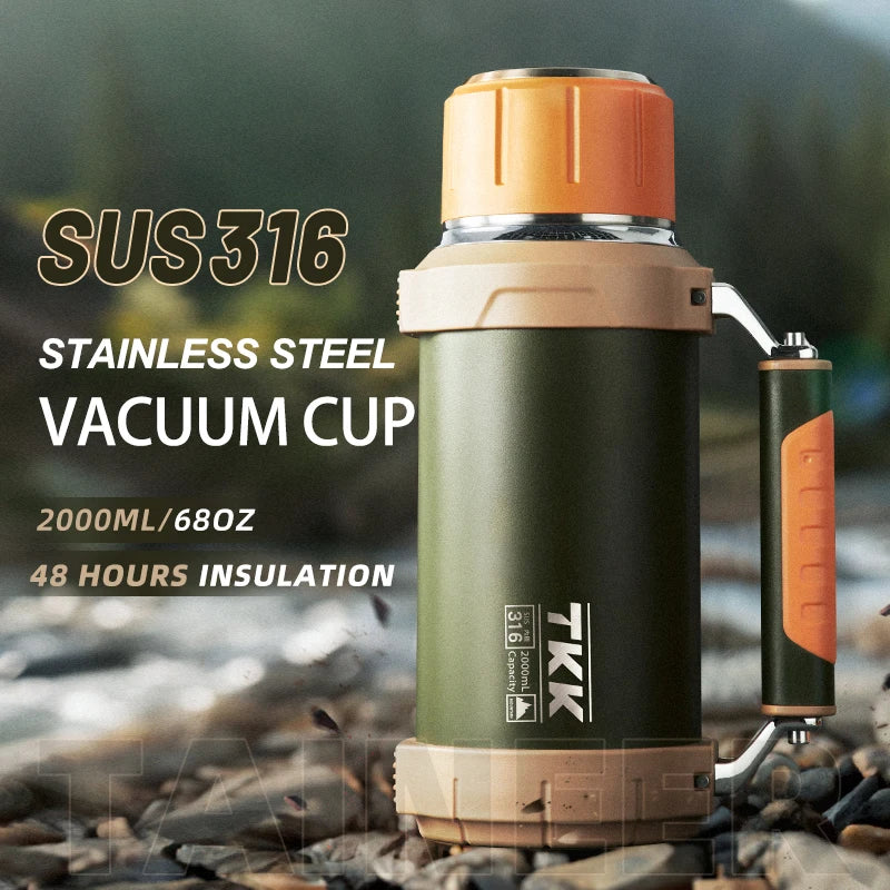 TKK 2000ml 316 SS Vacuum Thermos Flask with Rope – BPA-Free, Hot & Cold, Ergonomic Spout, 68oz Large Capacity