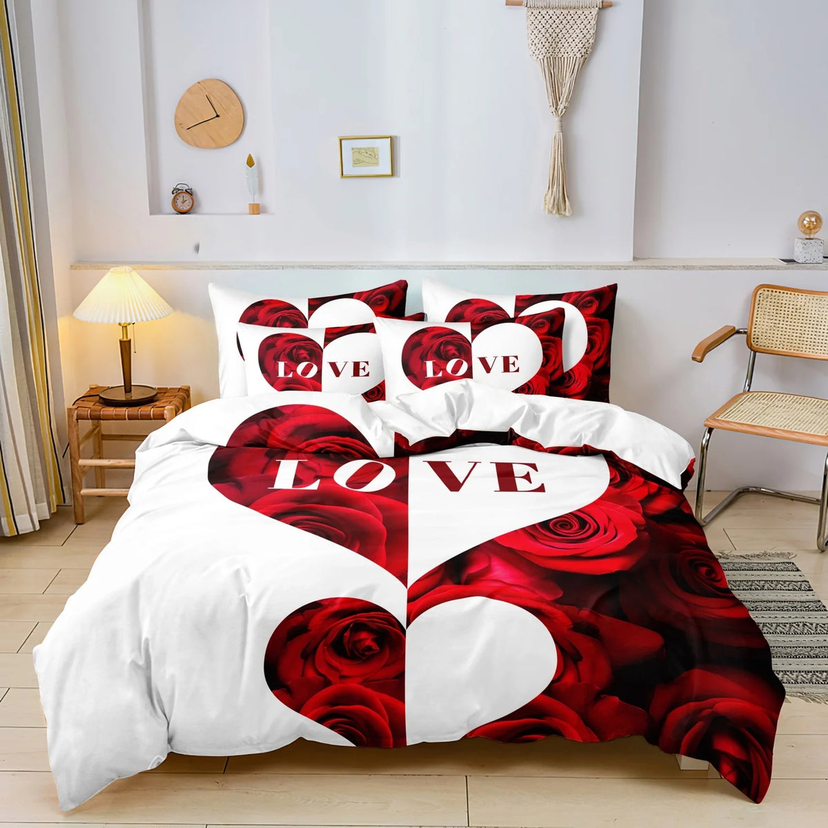Dark Red & Black Letter Print Bedding Set – 3-Piece Duvet Cover, Queen & King
