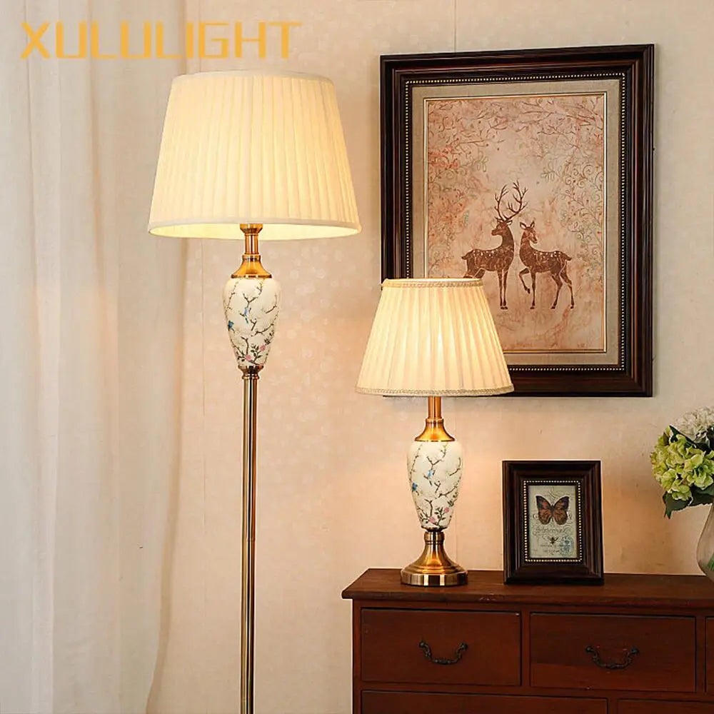Ceramic Floor Lamp – Fabric Shade & LED Lighting
