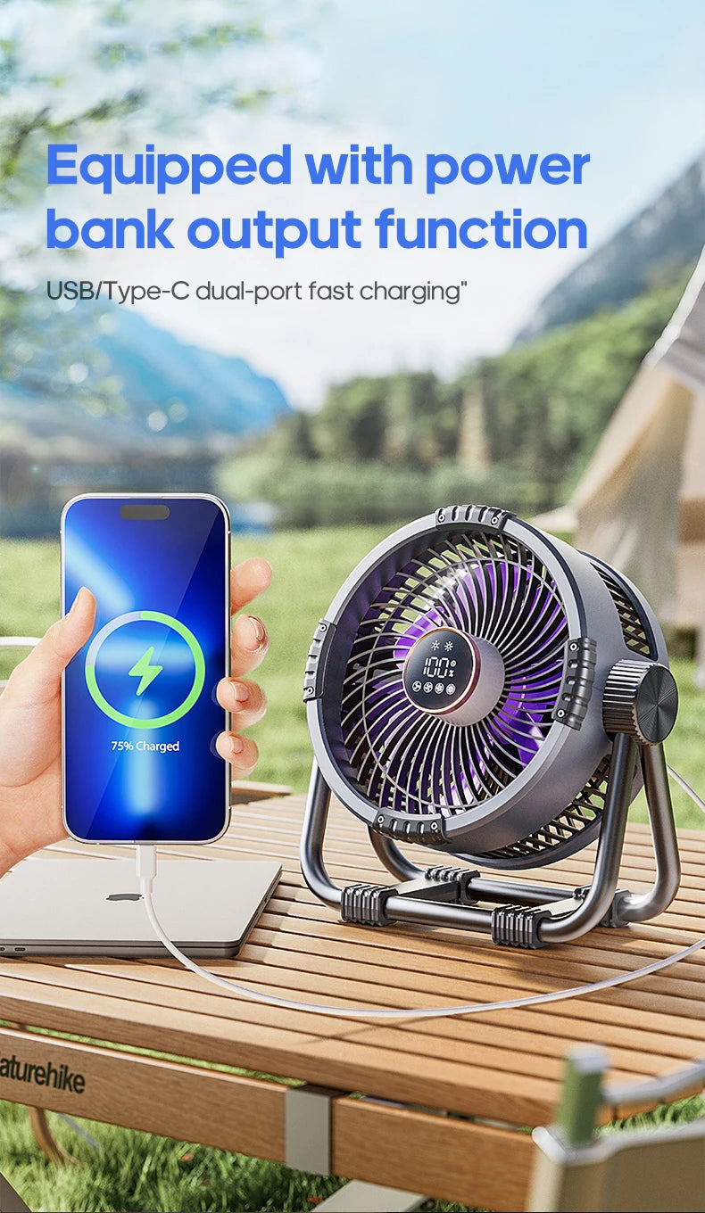 20000mAh 6-in-1 Outdoor Camping Fan – Rechargeable Wireless Tent Ceiling Fan with LED Light & Air Circulator