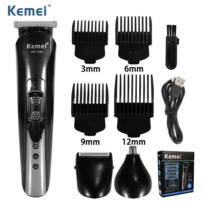 Kemei KM-1506 3-in-1 Electric Hair Clipper, Shaver & Nose Trimmer – USB Rechargeable