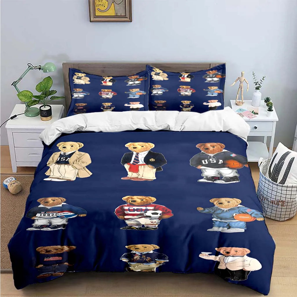Cute Bear Print Bedding Set – Duvet Cover & Bed Linen, Single to King, Adults & Teens