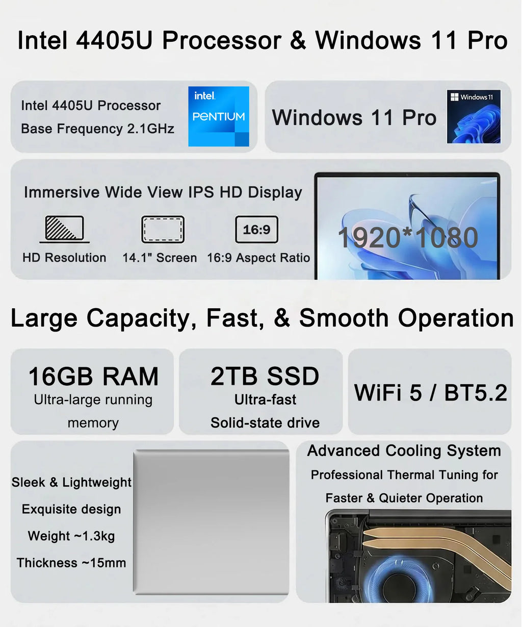 14" Intel Pentium Ultra Slim Laptop – 16GB DDR3, Up to 2TB SSD, Windows 11 Pro