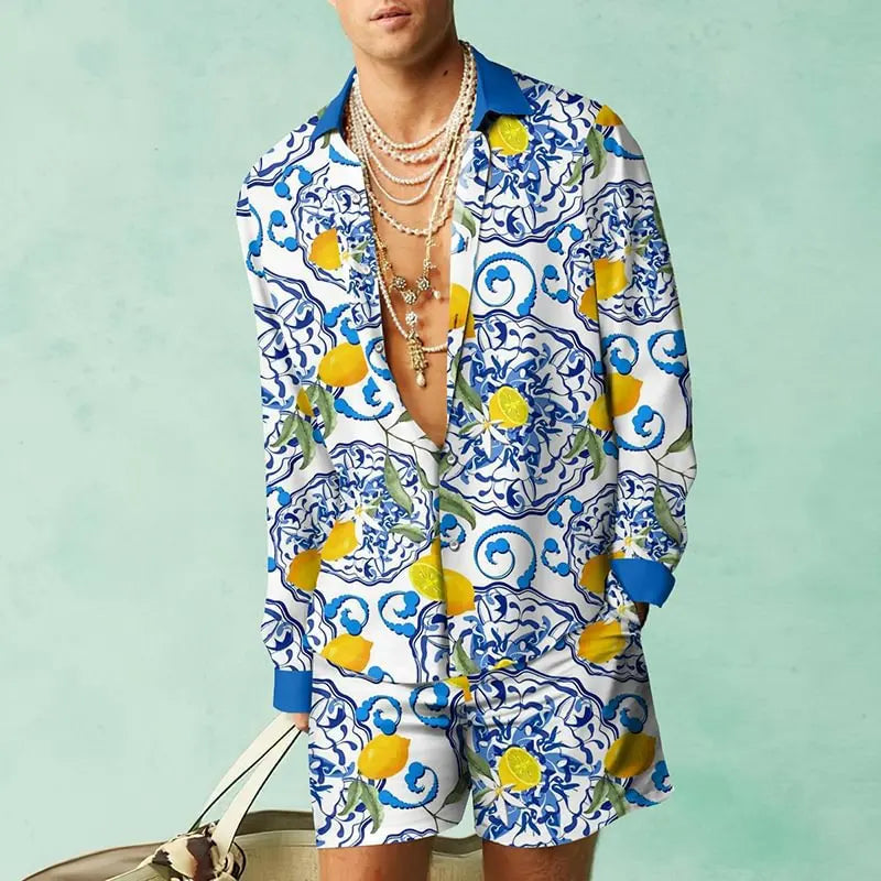 Men's Hawaiian Print Shirt & Drawstring Shorts Beach Vacation Set