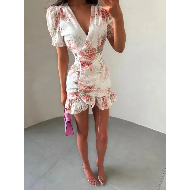 Women's Floral Ruffle Slim Dress – Deep V-Neck Double Layered Ruffled Hem Party & Daily Gown