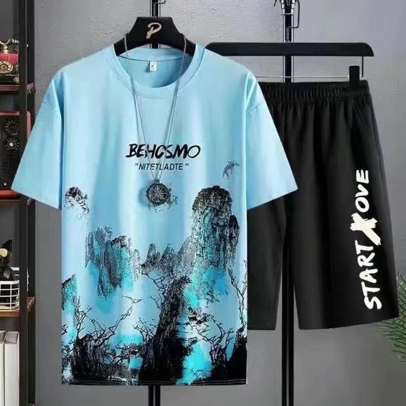 Men's Manga Graffiti Print T-Shirt & Shorts Set – Breathable Summer Leisure 2-Piece