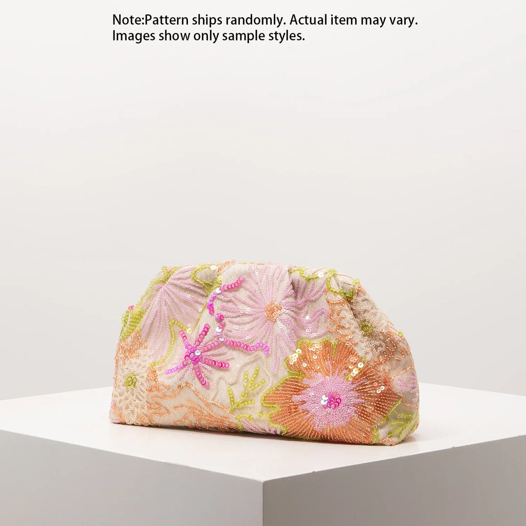 Sequin Floral Embroidery Clutch Bag – Gala Night Party Prom Wedding Evening Bag for Women