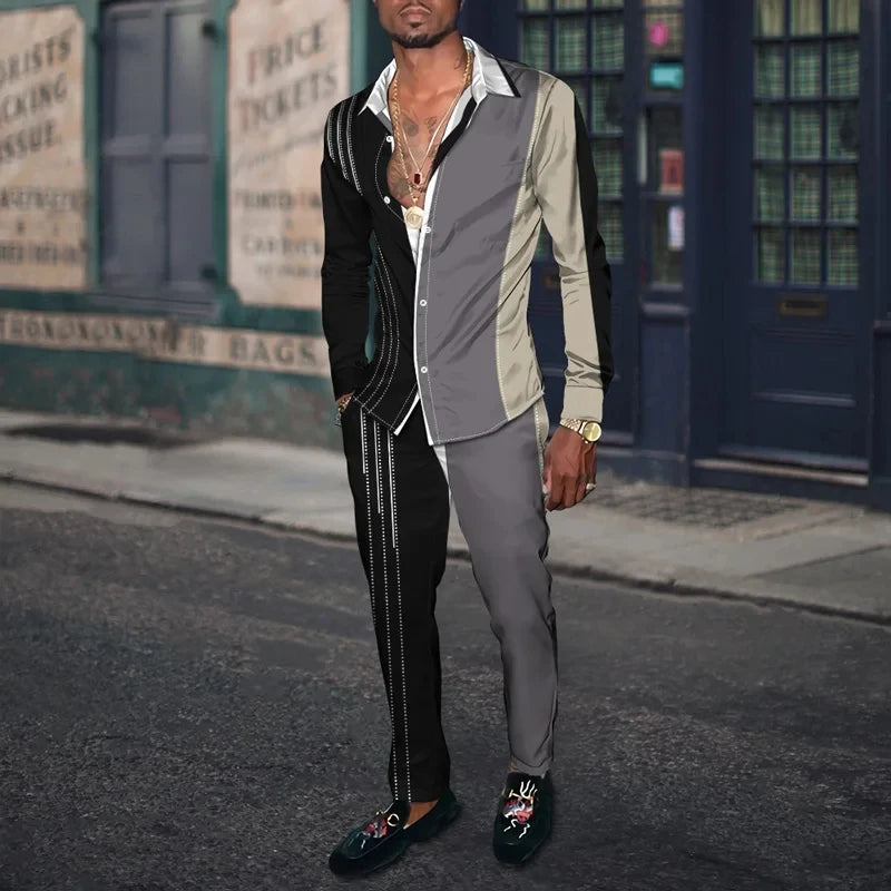 Men's 3D Retro Harajuku Print Long Sleeve Lapel Shirt & Long Pants 2-Piece Set