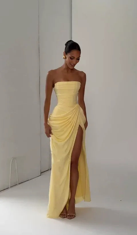 Elegant Yellow Strapless Pleated Maxi Gown — Waist-Cinching Split Evening Dress