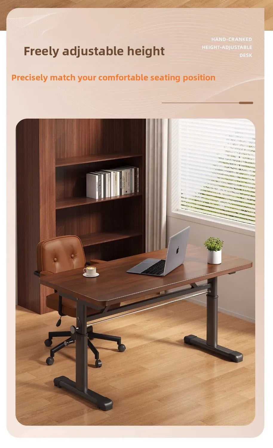 Manual Crank Height-Adjustable Computer Desk — Ergonomic Study Table, 65–95cm, Multiple Finishes