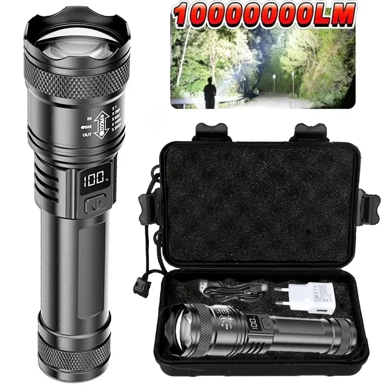 2000 Lumen P50 LED Tactical Flashlight – IP67 Waterproof, Telescopic Zoom, LCD Display, Type-C Rechargeable