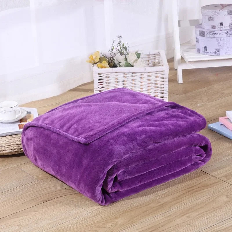 Coral Fleece Flannel Blanket – Solid Blue & Pink Soft Warm Bedspread & Sofa Cover