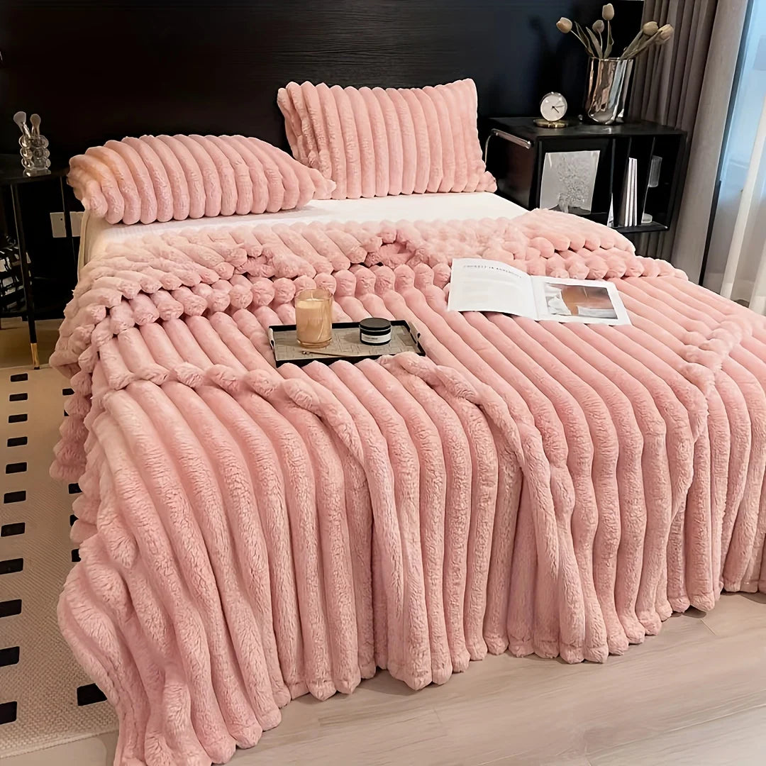 Thickened Wide Stripe Plush Flannel Multifunctional Blanket – Bed Sheet, Sofa & Nap Cover, 7 Colors & 5 Sizes