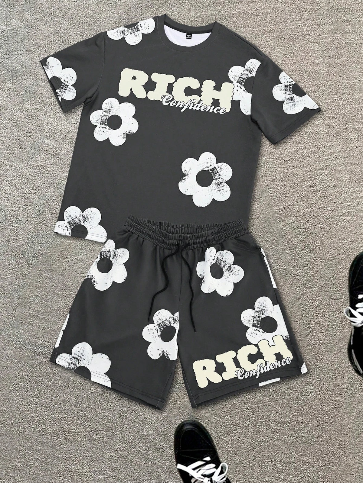 Men's Flower Graphic Print T-Shirt & Elastic Waist Shorts Casual Two-Piece Set