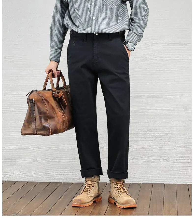 Men's Vintage Straight Leg Cotton Workwear Trousers — Loose Fit Retro Pants for Autumn & Winter