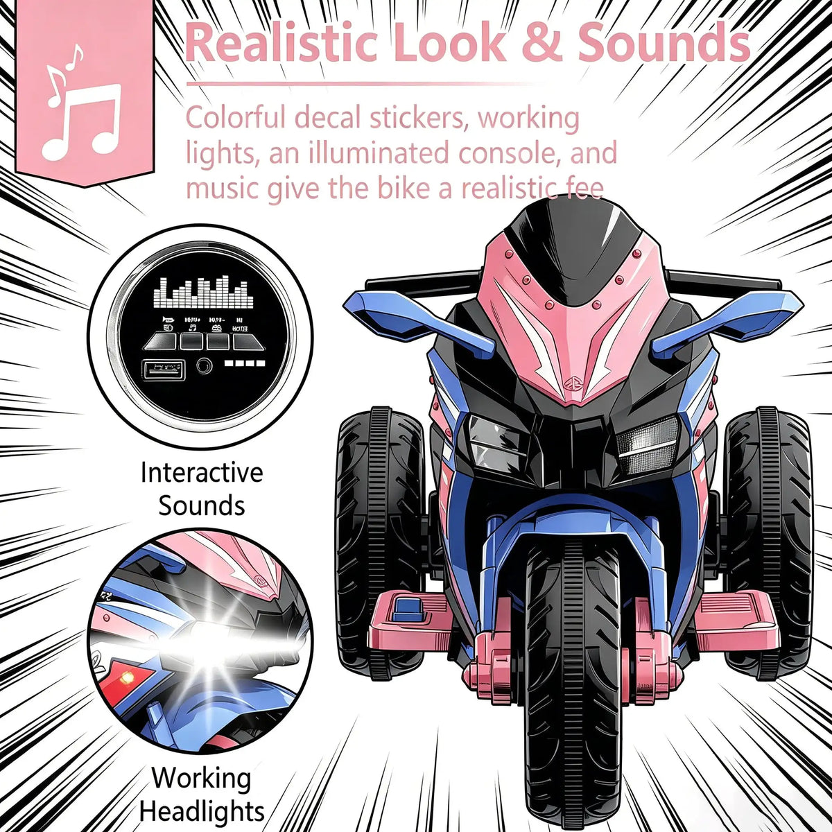 12V Kids Ride-On Motorcycle – Three-Wheel Electric Toy with Remote