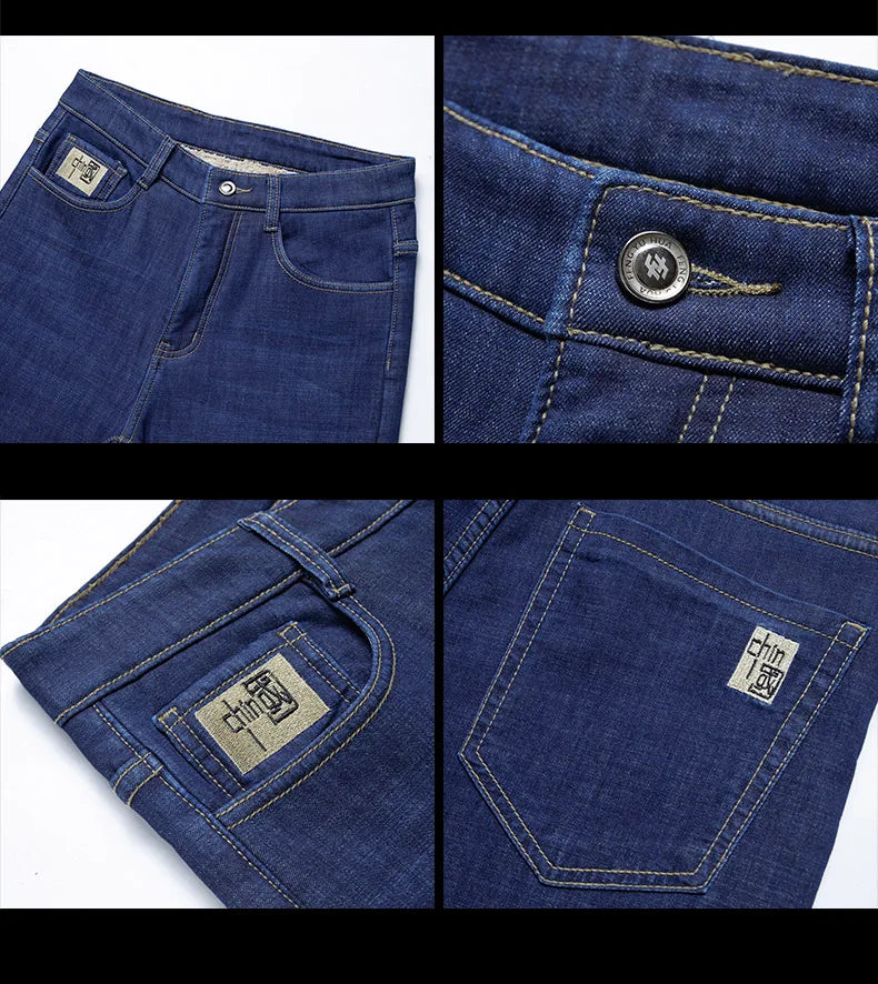 Men's Fleece-Lined Straight Denim Jeans — Warm Thick Winter Stretch Jeans
