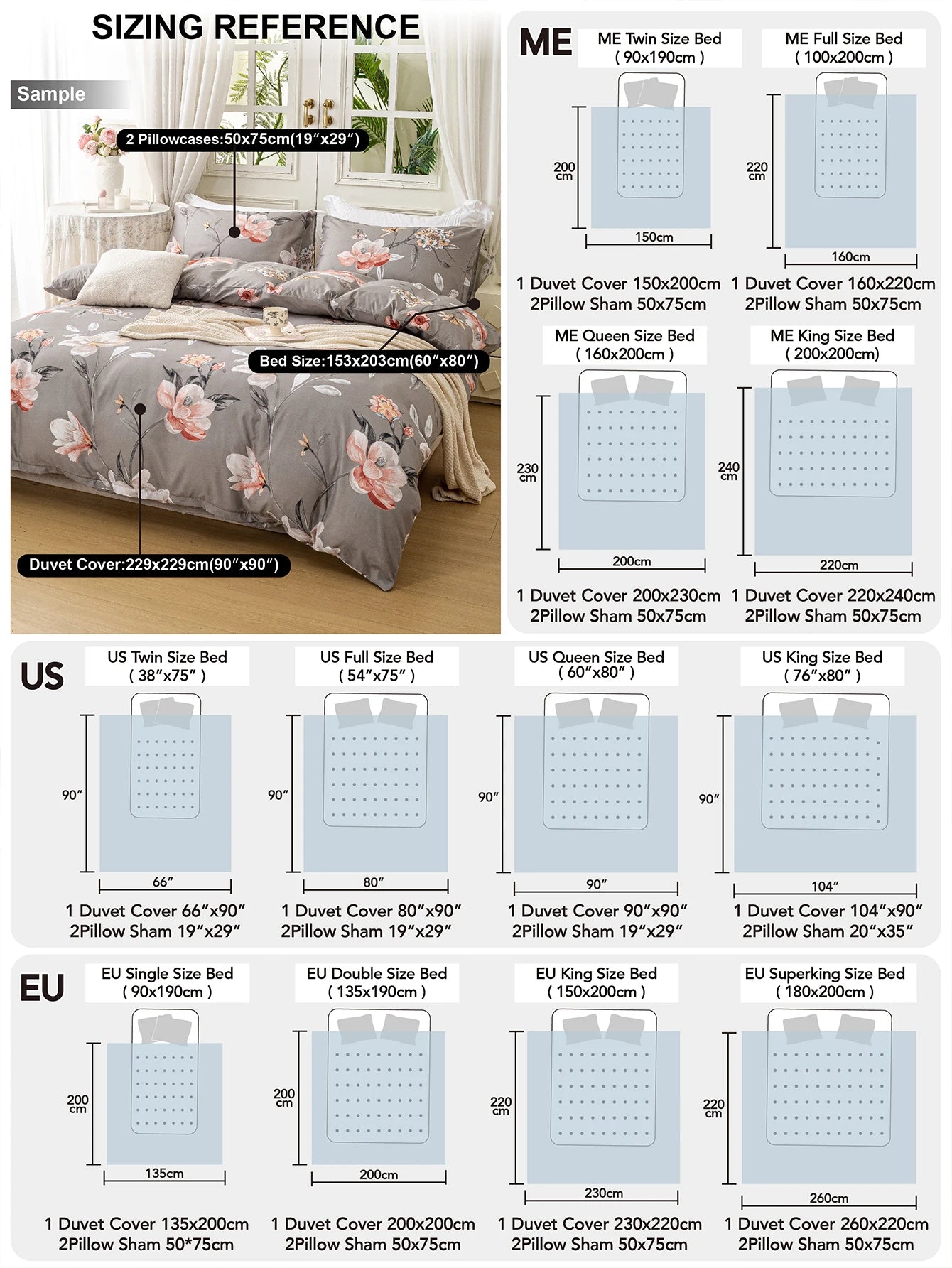 Leaf Floral Print Duvet Cover Set – Soft 3-Piece Bedding with 2 Pillowcases, 2 Colors & 11 Sizes