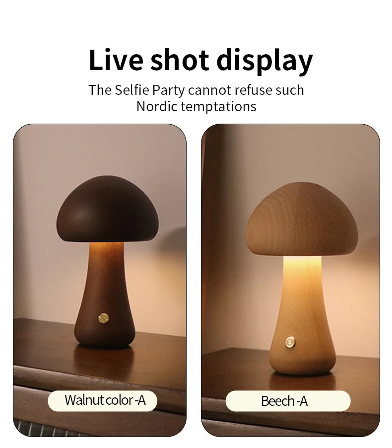 INS LED Night Light With Touch Switch Wooden Cute Mushroom Bedside Table Lamp For Bedroom Childrens Room Sleeping Night Lamps