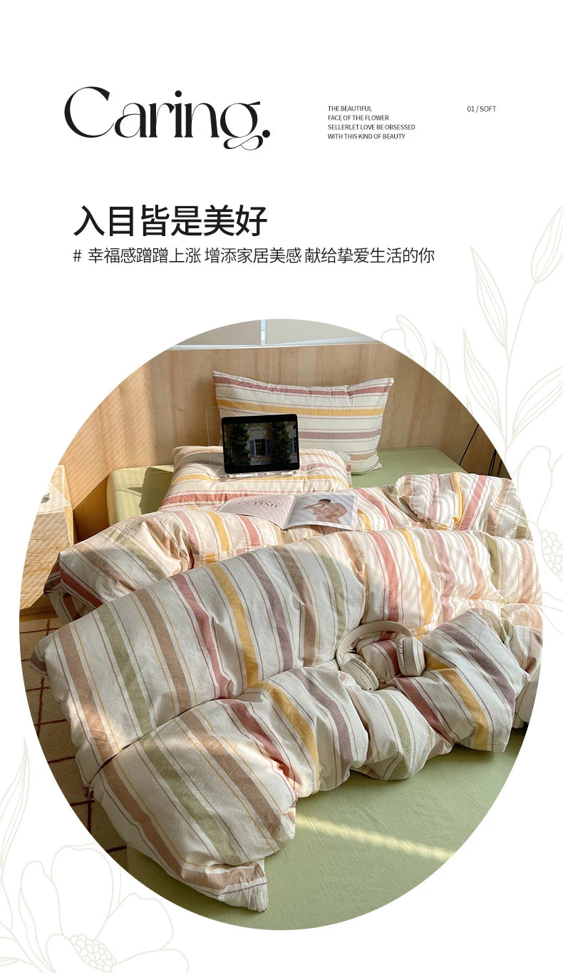 100% Cotton Stripe Bedding Set – Duvet Cover with Pillowcases, Twin to King