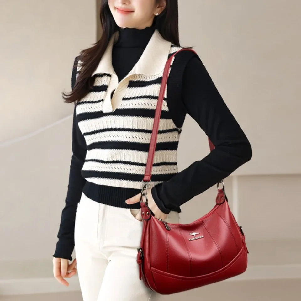 VANDERWAH Genuine Leather Two-Layer Flap Shoulder Bag – Luxury Crossbody Messenger Handbag for Women