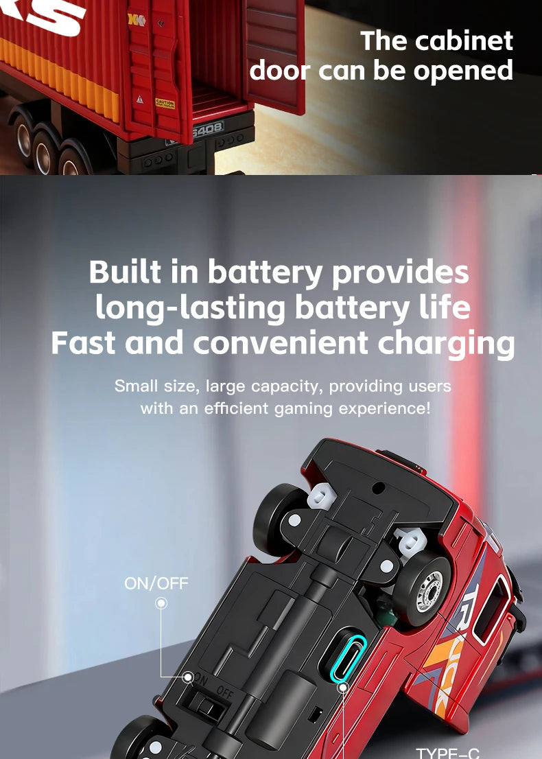 1:64 Mini Alloy RC Container Truck with Trailer – 4WD Drift Remote Control Tractor for Kids