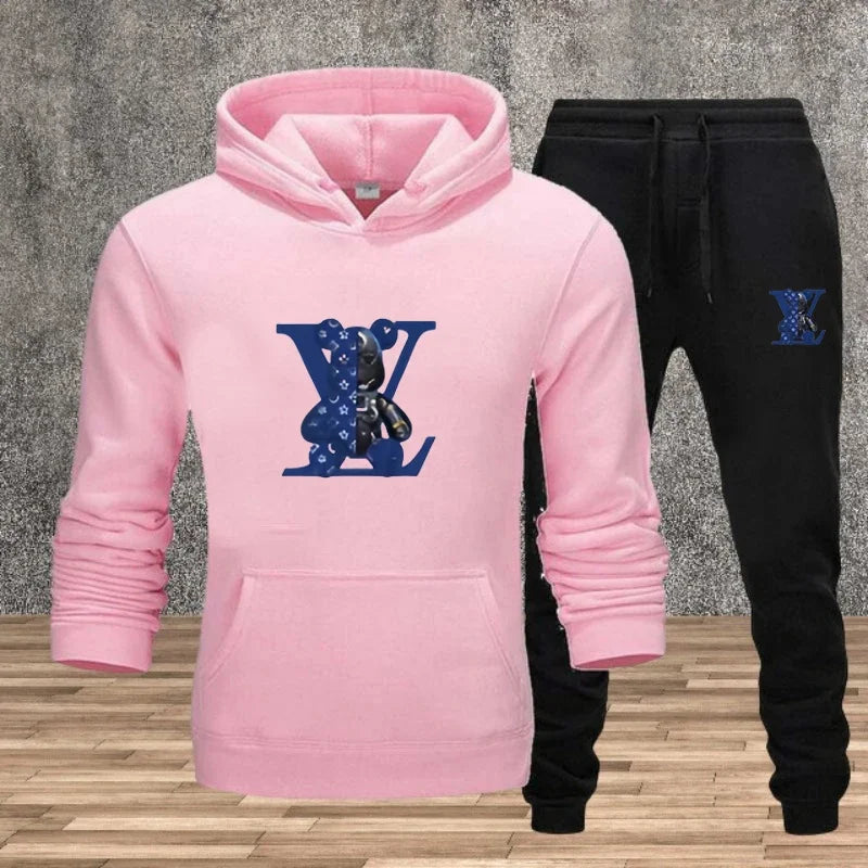 Men's Printed Hoodie Sweatshirt Set – 2-Piece Fleece Jogging Tracksuit