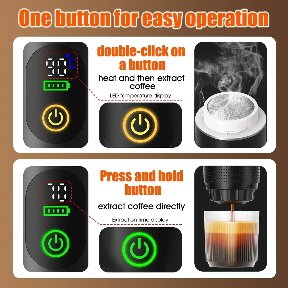 DENOKIN Portable Espresso Coffee Maker – 3-in-1 Capsule Machine with Digital Display for Car, Home & Camping