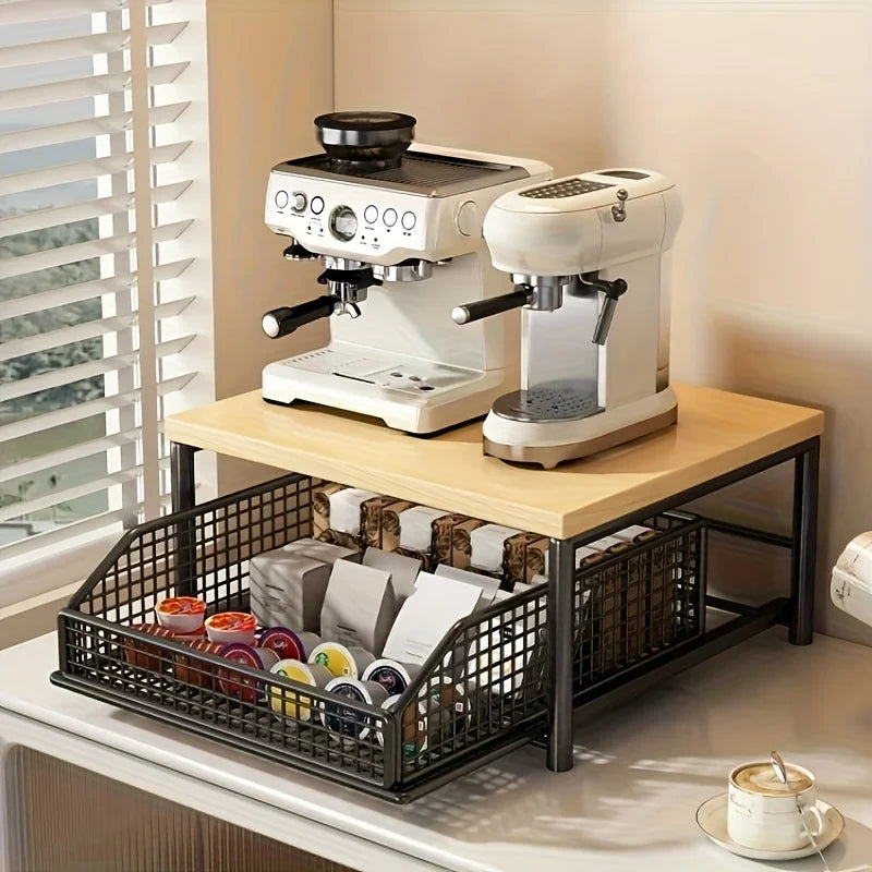 Modern Solid Wood & Metal Microwave Storage Rack — Space-Saving Countertop Kitchen Shelf