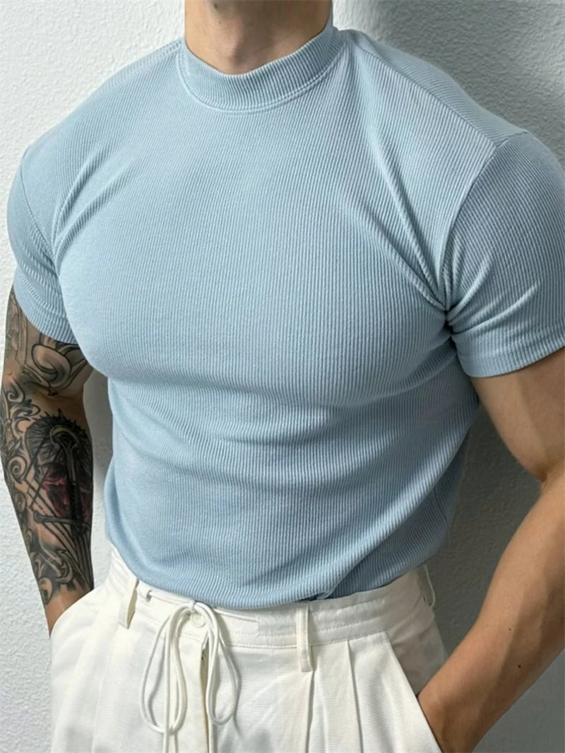 Men's Striped High Collar Short Sleeve Fitness Top — Athletic Training Shirt