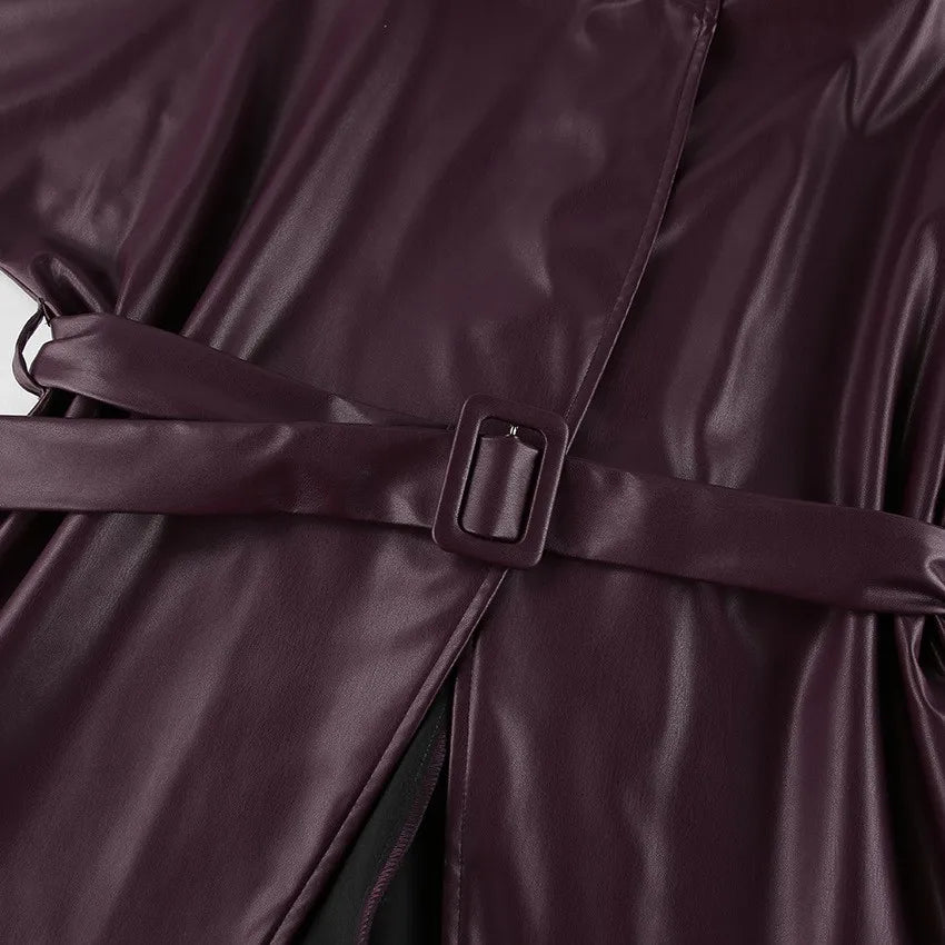 Women's Belted Faux Leather Jacket – Wine Red